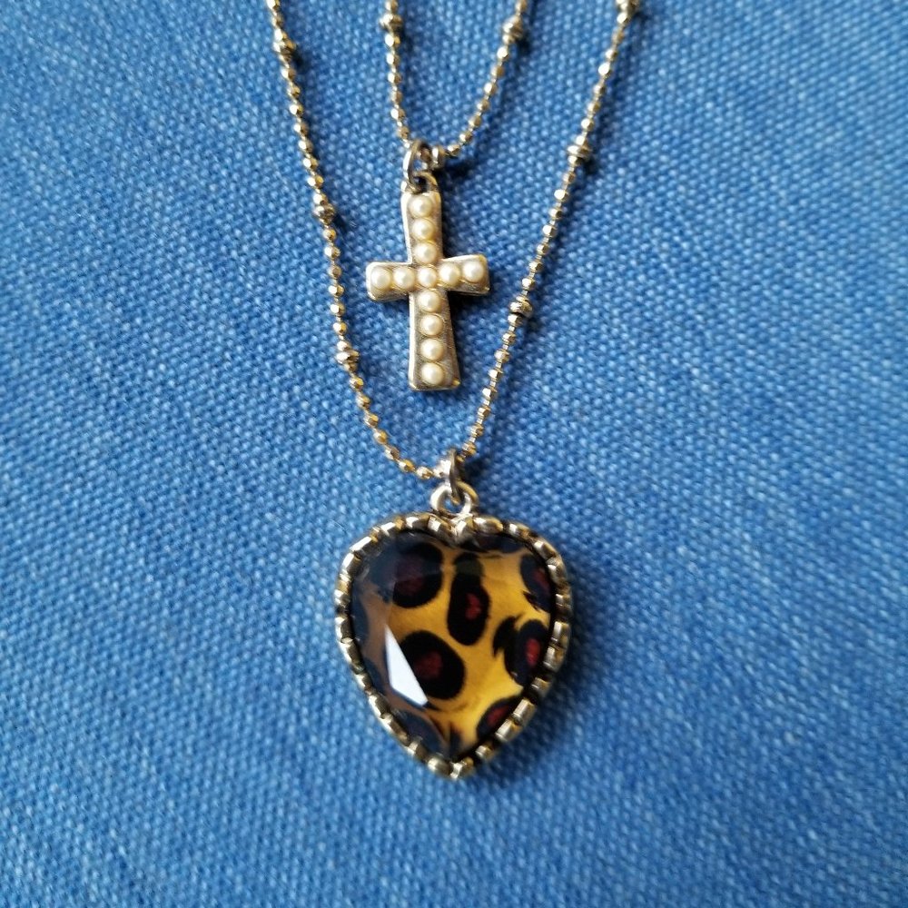♱🐆🤎Betsey Johnson Double-Layered Chain Leopard Heart & Cross Necklace -EPC🤎♱